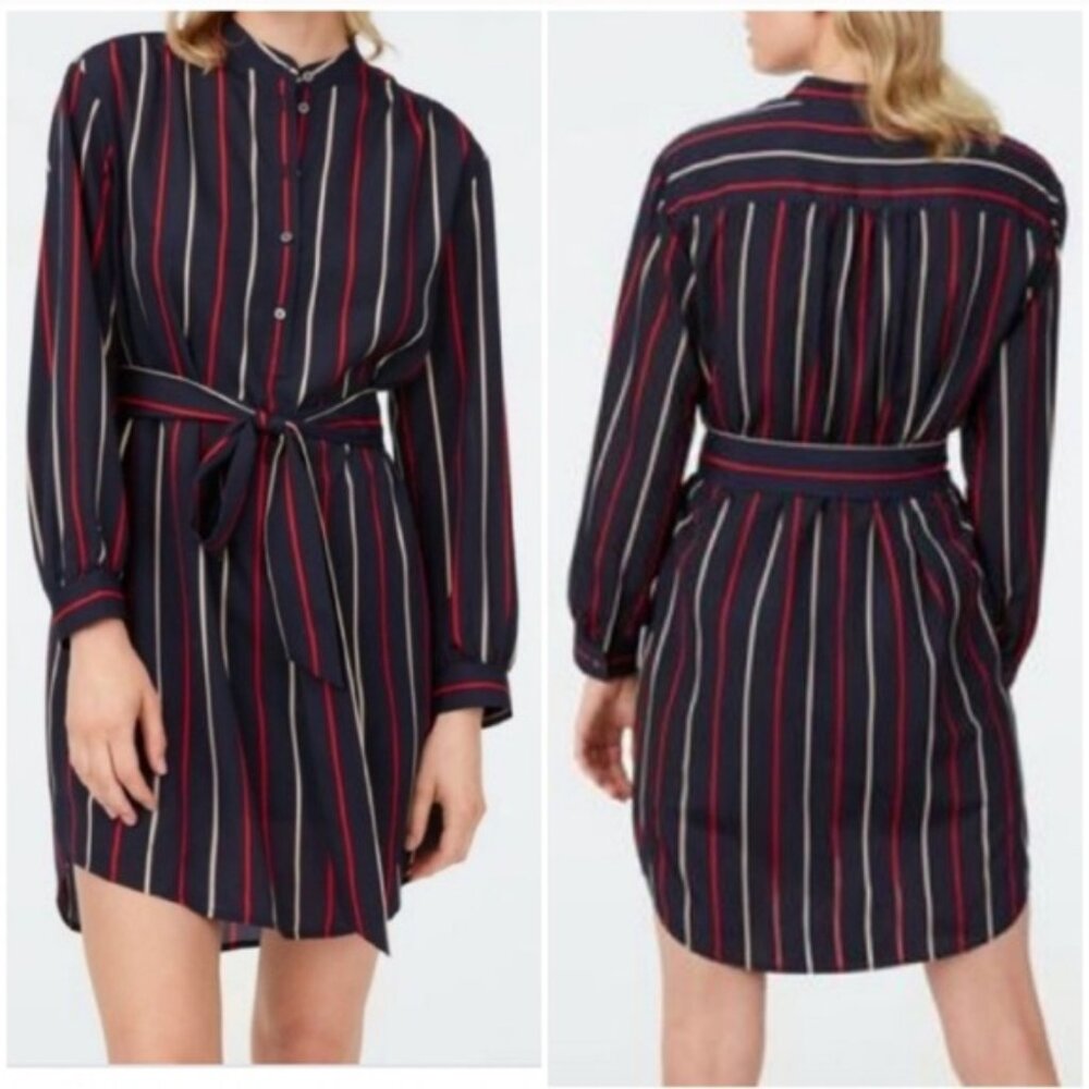Club Monaco Navy Blue, Red and Cream Bledzoe Striped Belted Shirt Dress Size 00